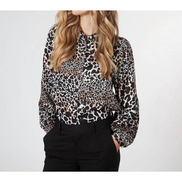 NEW ESQUALO button down collar animal print long sleeve blouse in print - Picture 2 of 3